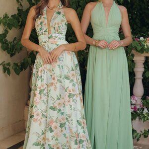 Printed bridesmaid dress.Maid of honor formal sage green wedding guest halter